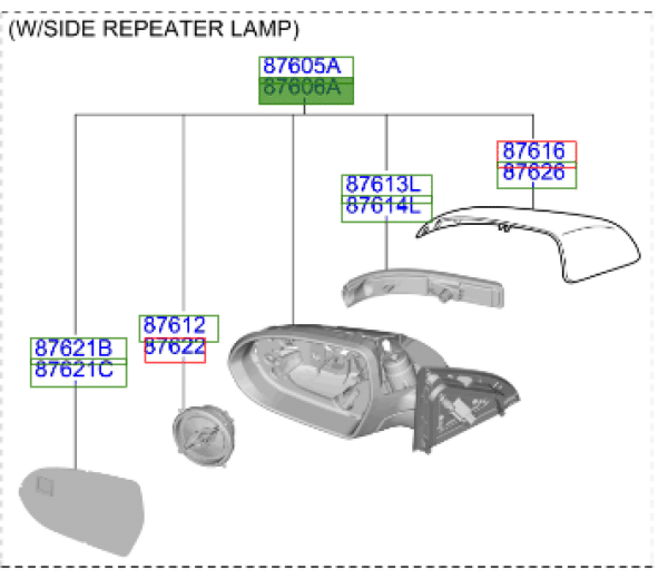 87620G5700-600x520-1.png Niro Off Side Front Mirror Assembly 2016 Onwards With Indicator Light - Image 1