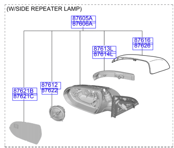 mirror-9-600x513-1.png Kia Niro 2018-2022 Nearside Wing Mirror Assembly With Blindspot Detection - Image 1